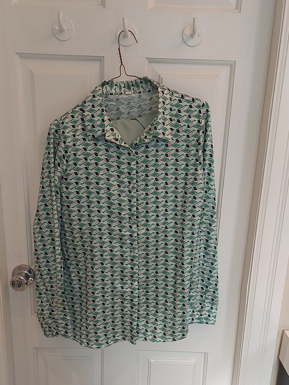 SHEIN Green and White Geometric Button-Down Shirt